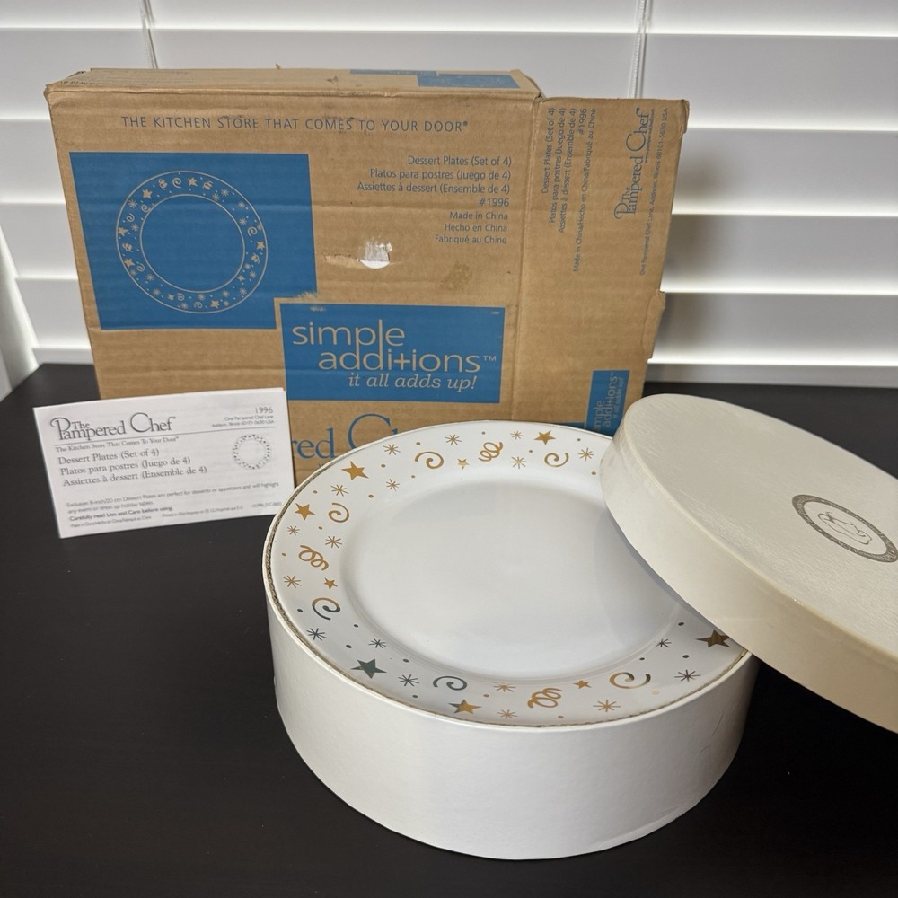 Pampered Chef Celebration Party Dessert/Salad Plates Set of‎ 4 w/Box Gold Stars
